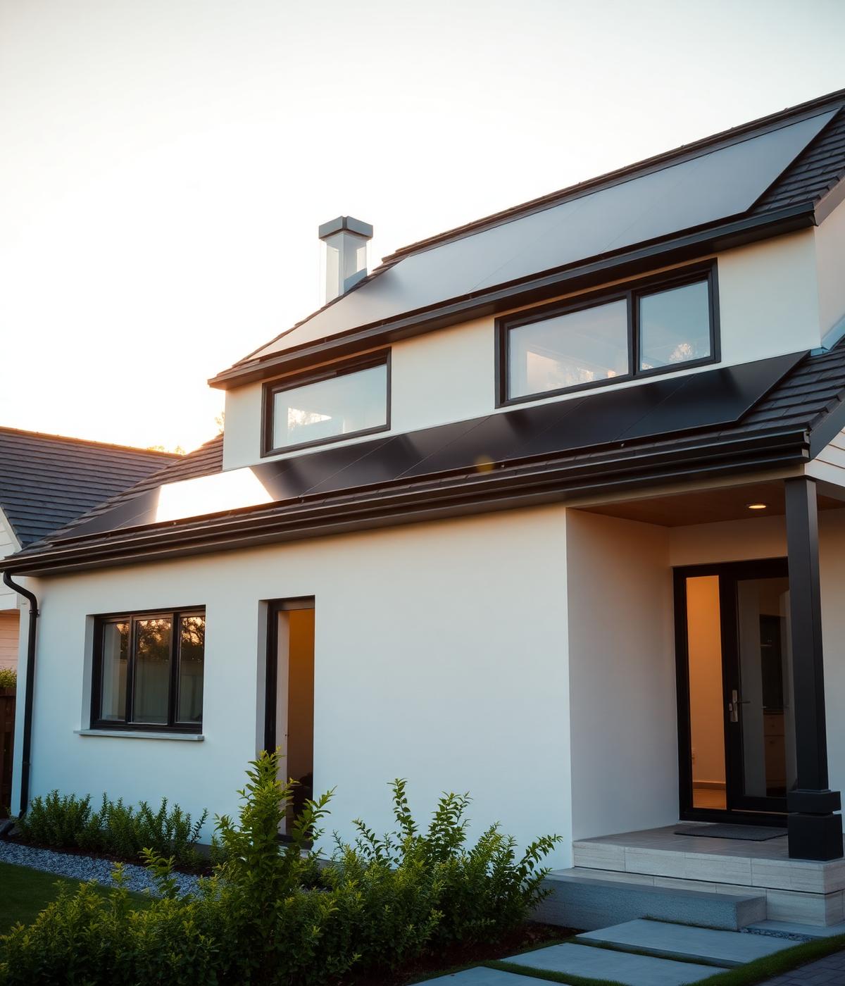 Modern home with integrated black solar panels at golden hour